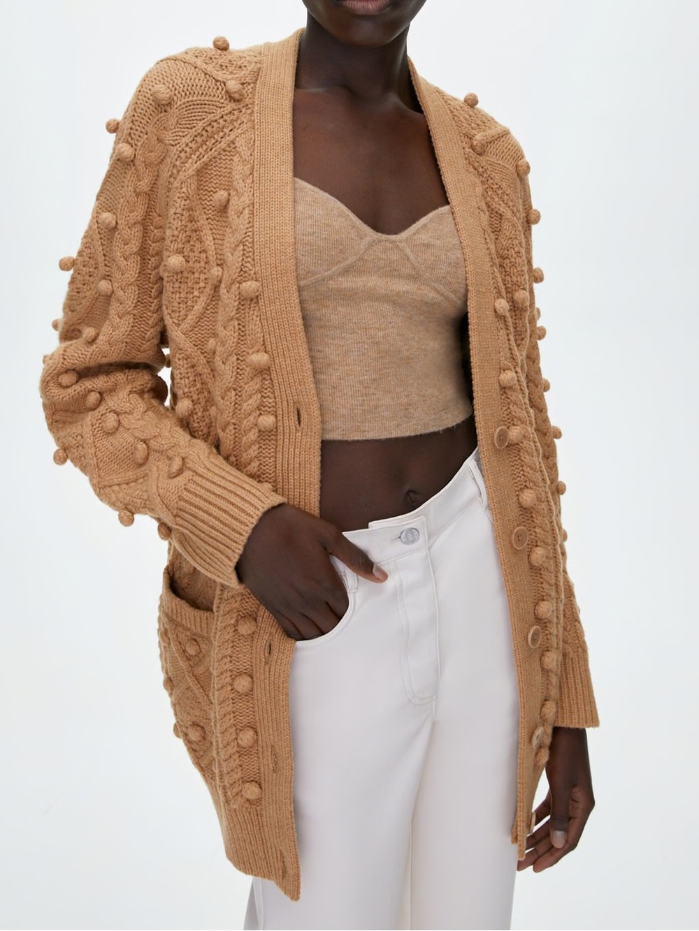 Wilfred Sz L Cardigan Merino Wool Cozy Bobble-Knit Long Sweater Camel Brown Fall